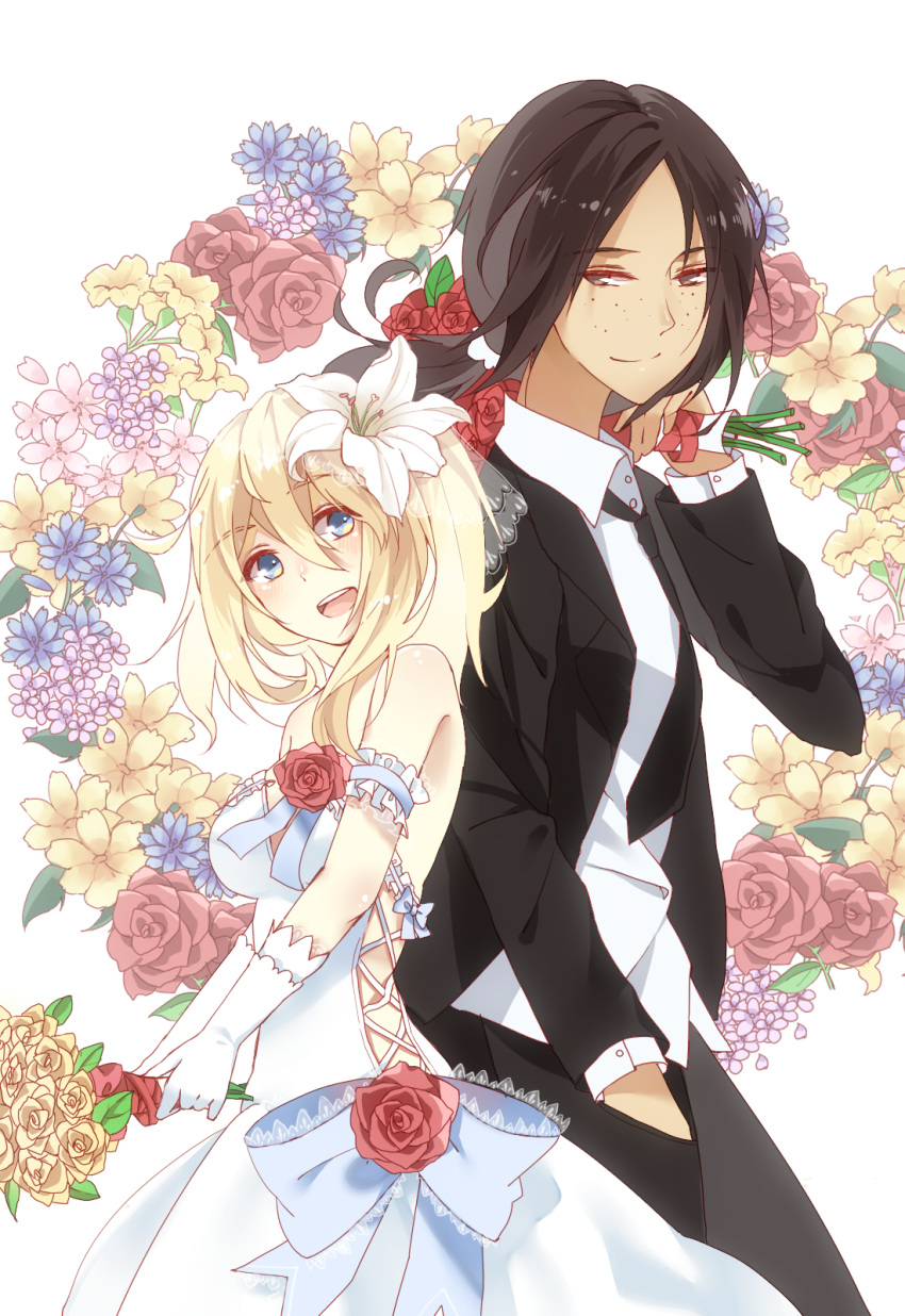 2girls :d alternate_hairstyle arm_cuffs bare_shoulders black_hair blonde_hair blue_eyes bouquet bride cherry_blossoms christa_renz couple cross-laced_clothes dress elbow_gloves flower formal freckles gloves hair_between_eyes hair_flower hair_ornament hand_in_pocket high_ponytail highres holding izumi4195202 lace lily_(flower) multiple_girls necktie open_mouth over_shoulder pant_suit ponytail red_rose ribbon rose shingeki_no_kyojin side_ponytail smile strapless_dress suit wedding_dress white_dress white_gloves yellow_rose ymir_(shingeki_no_kyojin) yuri