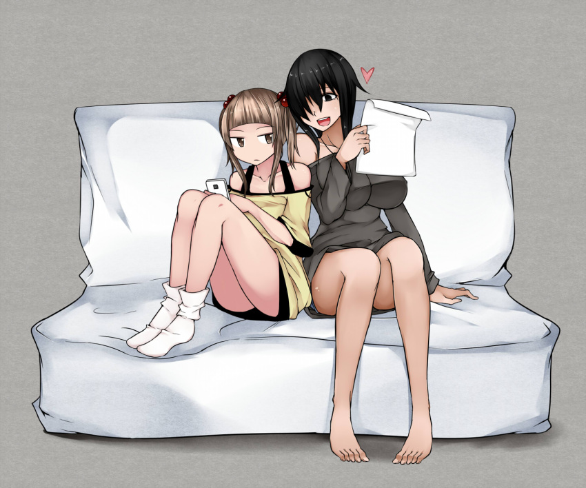 2girls age_difference aoshima bare_legs bare_shoulders barefoot black_eyes black_hair breasts brown_eyes brown_hair cellphone commentary_request couch hair_bobbles hair_ornament hair_over_one_eye heart highres large_breasts multiple_girls open_mouth original paper phone shorts sitting smile twintails