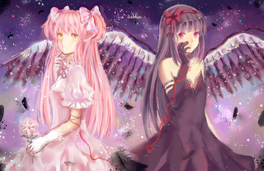 2girls akemi_homura akuma_homura bare_shoulders black_gloves black_hair bow choker dress elbow_gloves feathers gloves goddess_madoka hair_bow kaname_madoka long_hair looking_at_viewer mahou_shoujo_madoka_magica mahou_shoujo_madoka_magica_movie multiple_girls night night_sky pink_hair red_string signature sky spoilers string two_side_up violet_eyes white_dress white_gloves wings yellow_eyes