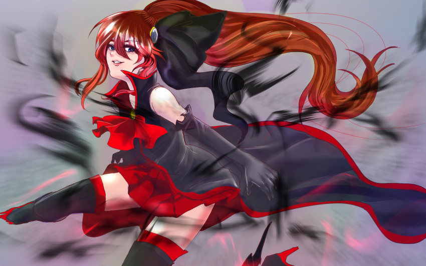 1girl black_gloves black_legwear blue_eyes boots cure_unlovely elbow_gloves genderswap gloves grey_background hair_ornament hair_ribbon hairpin happinesscharge_precure! highres long_hair magical_girl miturousoku phantom_(happinesscharge_precure!) ponytail precure red_skirt redhead ribbon skirt smile solo thigh-highs thigh_boots unlovely_(happinesscharge_precure!) very_long_hair