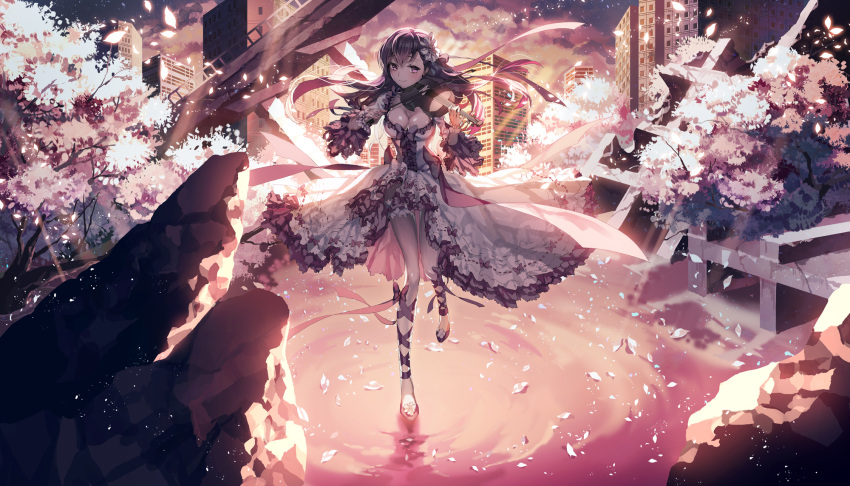 1girl breasts cleavage dress fate/stay_night fate_(series) frills gown hair_ornament highres instrument large_breasts long_hair matou_sakura playing_instrument purple_hair ser323 standing_on_water violet_eyes violin