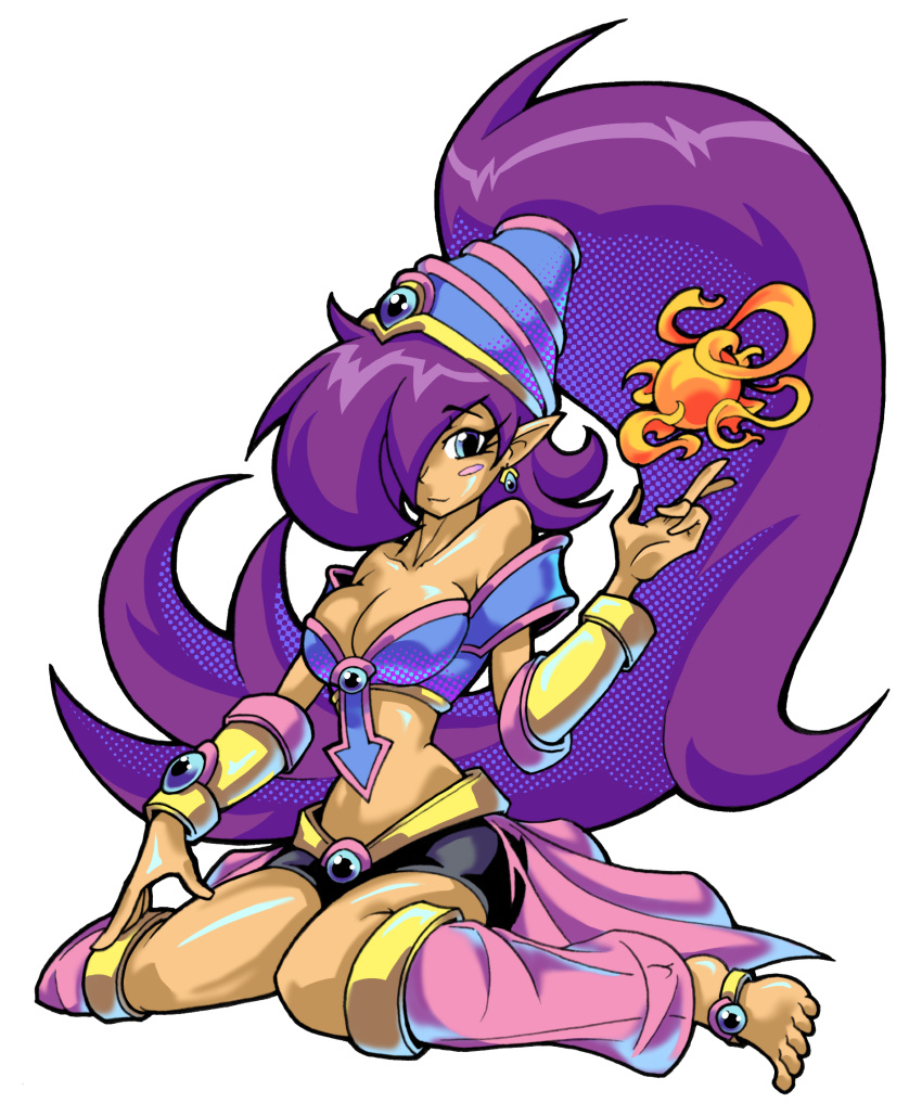 anklet bare_shoulders barefoot blue_eyes blush_stickers breasts cleavage dark_magician_girl dark_skin detached_leggings duel_monster earrings fire hair_over_one_eye hair_tubes hallowgazer highres jewelry large_breasts long_hair magic pointy_ears purple_hair shantae shantae_(character) shorts showgirl_skirt sitting toes vambraces very_long_hair wariza yuu-gi-ou yuu-gi-ou_duel_monsters