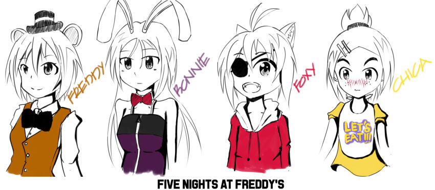 4girls animal_ears antenna_hair artist_request bangs bear_ears blush bonnie_(five_nights_at_freddy's) bowtie bust character_name chica clothes_writing collarbone copyright_name detached_collar english expressionless eyepatch fangs five_nights_at_freddy's fox_ears foxy_(five_nights_at_freddy's) freckles freddy_fazbear genderswap hair_between_eyes hair_ornament hairclip half_updo hat high_ponytail highres long_hair long_sleeves multiple_girls open_mouth parted_bangs partially_colored personification puffy_short_sleeves puffy_sleeves rabbit_ears short_hair short_ponytail short_sleeves simple_background sleeveless smile tareme vest white_background