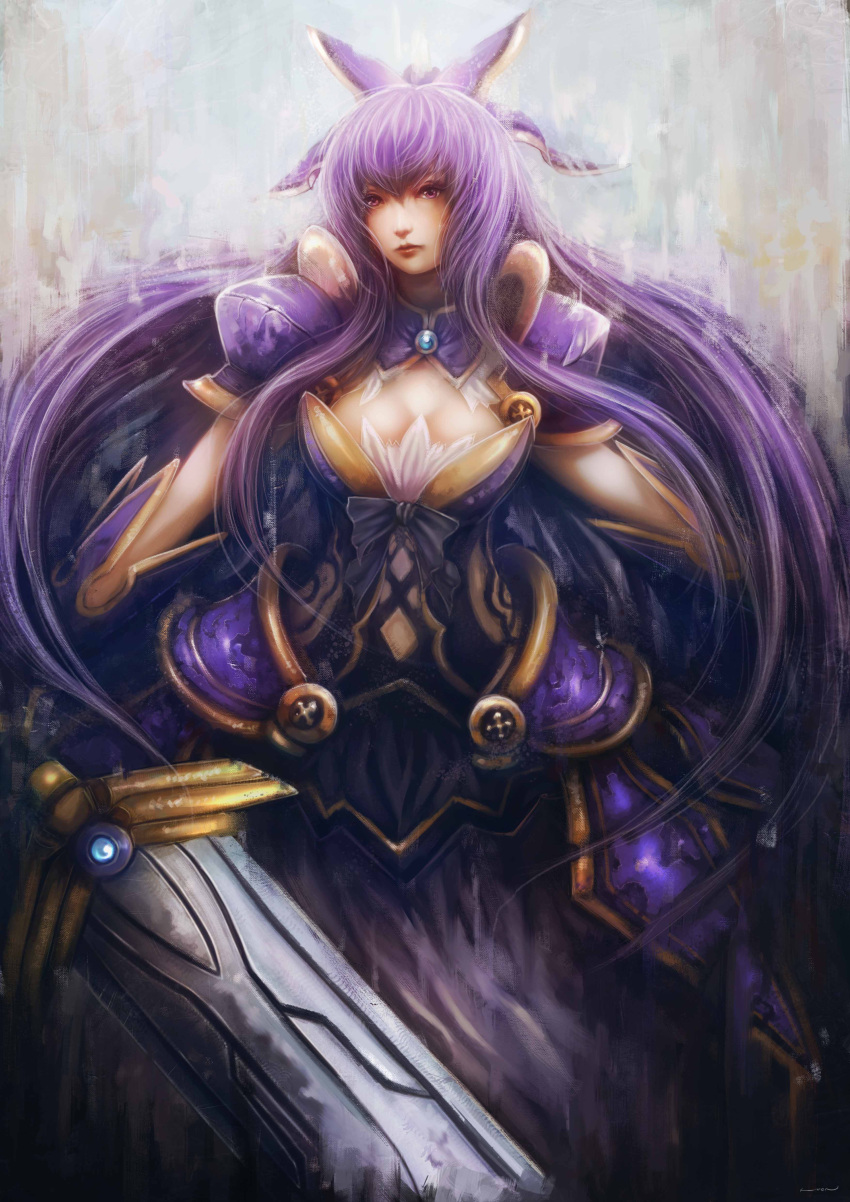 1girl absurdres armor armored_dress artist_name bow breasts bust cleavage date_a_live expressionless facing_viewer faux_traditional_media hair_bow highres huge_weapon kuon_(kwonchanji) large_breasts lips long_hair looking_afar nose purple_hair realistic signature solo sword very_long_hair violet_eyes weapon yatogami_tooka