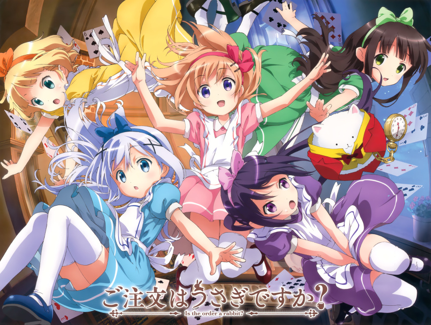 5girls :d :o alice_(wonderland) alice_(wonderland)_(cosplay) alice_in_wonderland bow card copyright_name cosplay covering covering_crotch dress gochuumon_wa_usagi_desuka? hair_bow hairband highres hoto_cocoa kafuu_chino kirima_sharo mary_janes multiple_girls open_mouth playing_card pocket_watch rabbit shoes smile tagme tedeza_rize thigh-highs tippy_(gochuumon_wa_usagi_desuka?) ujimatsu_chiya watch white_legwear white_rabbit white_rabbit_(cosplay)