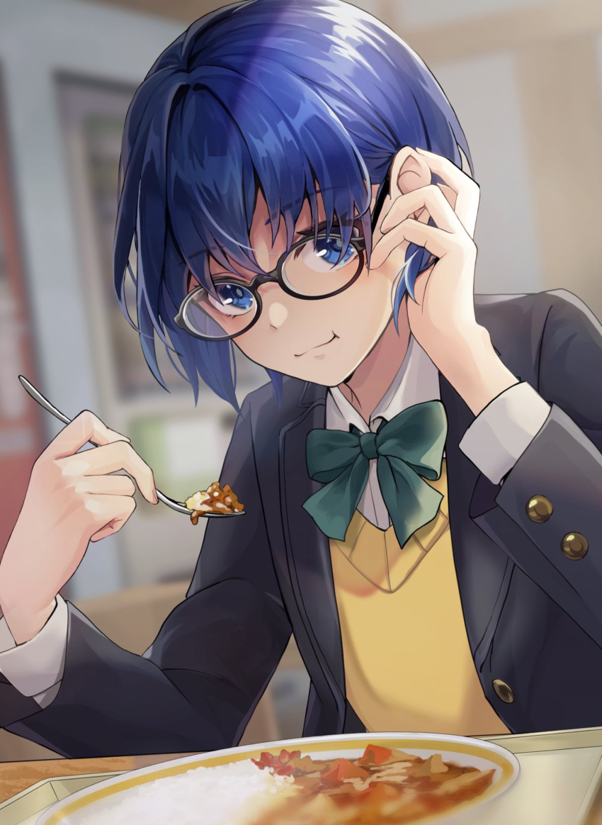 1girl :t adjusting_hair blazer blue_eyes blue_hair ciel_(tsukihime) curry eating food fork glasses green_ribbon highres holding holding_fork jacket looking_at_viewer mkr_(wepn3428) ribbon rice shirt short_hair solo sweater_vest tsukihime tsukihime_(remake) vest white_shirt yellow_vest