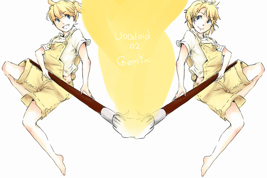 blonde_hair brother_and_sister gemini gemini_(vocaloid) giant_brush highres kagamine_len kagamine_rin liadne overalls paint paintbrush painting siblings smile twins vocaloid