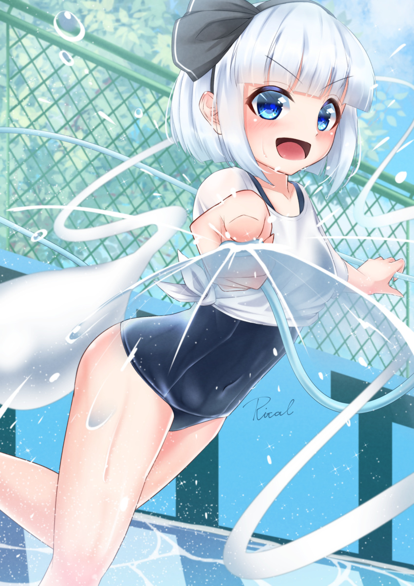 1girl absurdres bangs black_swimsuit blue_eyes blunt_bangs bob_cut chain-link_fence commentary_request cowboy_shot empty_pool eyebrows_visible_through_hair fence highres hose konpaku_youmu looking_at_viewer open_mouth pov rital school_swimsuit shirt short_hair silver_hair smile solo spraying swimsuit t-shirt tied_shirt touhou water white_shirt