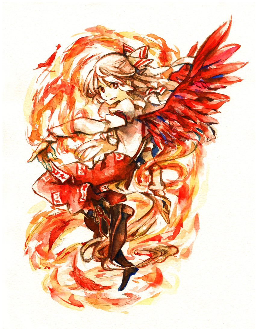 bow fiery_wings fire fujiwara_no_mokou hair_bow highres long_hair red_eyes shinoasa silver_hair solo touhou traditional_media watercolor_(medium) wings