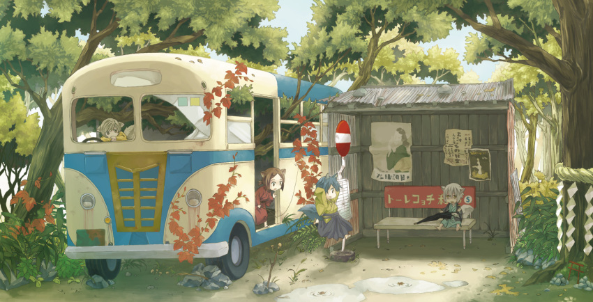 barefoot bench blue_hair broken_glass brown_eyes brown_hair bus bus_stop falling forest glass hinoya japanese_clothes jumping kimono leaf leaves maple_leaf motor_vehicle nature original poster_(object) rock rust shide shimenawa short_hair shrine silver_hair tail torii tree umbrella vehicle water