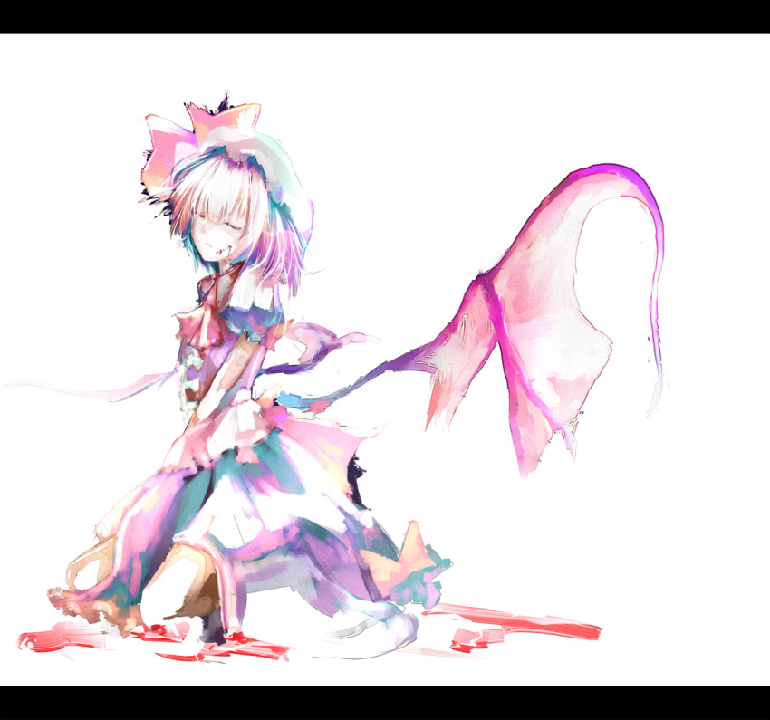 blood bow closed_eyes dress hair_bow hat kereno kneeling legs letterboxed monochrome remilia_scarlet ribbon short_sleeves simple_background solo touhou vampire wings