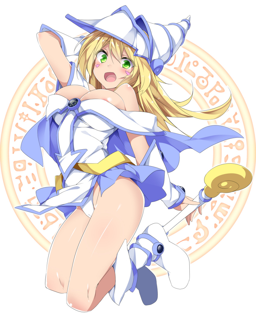 1girl alternate_costume bare_shoulders blonde_hair blush_stickers boots breasts choker cleavage dark_magician_girl duel_monster green_eyes hat hexagram highres large_breasts mtu_(orewamuzituda) panties pantyshot pentacle pentagram solo staff underwear wand wizard_hat yu-gi-oh! yuu-gi-ou yuu-gi-ou_duel_monsters