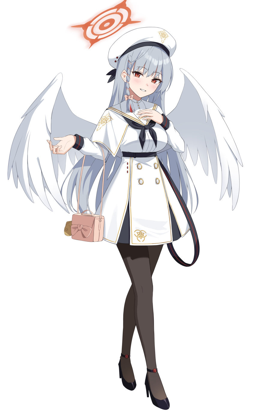 1girl absurdres angel_wings bag black_pantyhose blue_archive halo handbag haruna_(blue_archive) hat high_heels highres pantyhose rahy red_eyes school_uniform uniform white_hair white_headwear wings