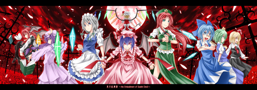 apron aqua_eyes arm_garter armlet bandaid bat_wings blonde_hair blue_eyes blue_hair book bow braid cirno clenched_hand crossed_arms daiyousei dress fang flandre_scarlet frills gathers glowing glowing_eyes green_hair grin hair_bow hair_ribbon hat head_wings highres hong_meiling izayoi_sakuya koakuma large_bow letterboxed long_hair long_image maid maid_headdress mitsuharu_iseki moon multiple_girls neck_ribbon necktie outstretched_arms pantyhose patchouli_knowledge purple_hair red_eyes red_hair red_moon red_sky remilia_scarlet ribbon rumia silver_hair smile spread_arms the_embodiment_of_scarlet_devil touhou twin_braids wide_image wings wrist_cuffs