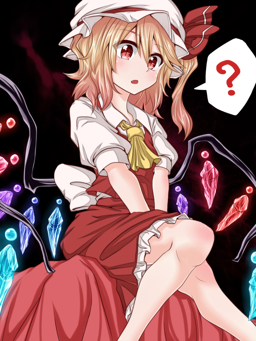 1girl :o ? ascot asymmetrical_hair asymmetrical_wings bed_sheet benizuwai between_legs blonde_hair dress fang flandre_scarlet hand_between_legs highres looking_at_viewer mob_cap puffy_short_sleeves puffy_sleeves red_dress red_eyes short_hair short_sleeves side_ponytail sitting_on_object slit_pupils touhou white_blouse wings