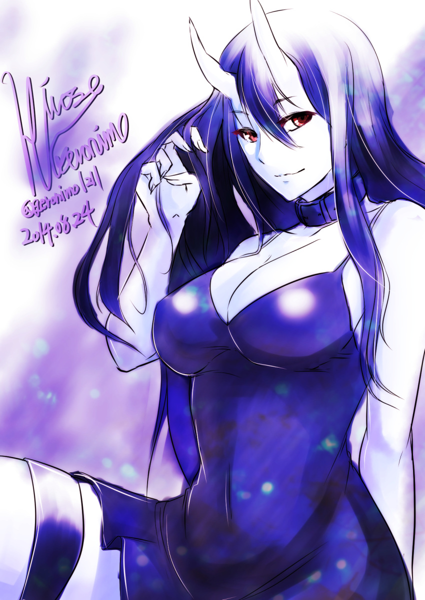 1girl arm_behind_back artist_name battleship-symbiotic_hime belt breasts bust choker cleavage collarbone dated dress fingernails hand_in_hair highres hirose_geronimo horns kantai_collection large_breasts light_smile long_hair looking_at_viewer pale_skin purple red_eyes sharp_fingernails signature solo spaghetti_strap spot_color tight_dress