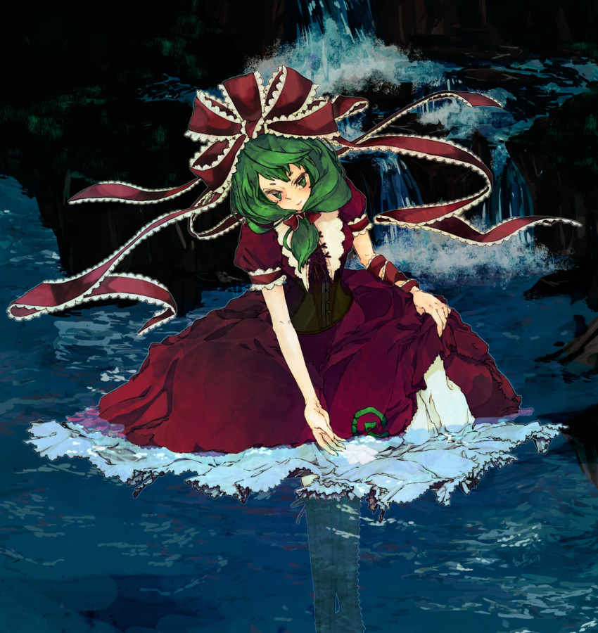 1girl a-li blush boots bow dress frills green_eyes green_hair hair_bow hair_ribbon highres kagiyama_hina partially_submerged ribbon skirt skirt_lift solo touhou translation_request water waterfall wrist_ribbon