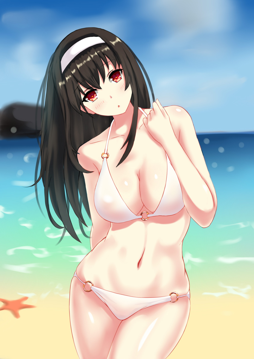 1girl absurdres arm_behind_back bangs bare_arms bare_shoulders beach bikini black_hair blurry blurry_background breasts brown_eyes chestnut_mouth cleavage collarbone contrapposto cowboy_shot day dylannn eyebrows_visible_through_hair hairband hand_up head_tilt highres kasumigaoka_utaha large_breasts legs_together long_hair looking_at_viewer midriff navel o-ring_bikini o-ring_bottom o-ring_top ocean open_mouth outdoors saenai_heroine_no_sodatekata sand shiny shiny_skin solo standing starfish stomach swimsuit water white_bikini white_hairband