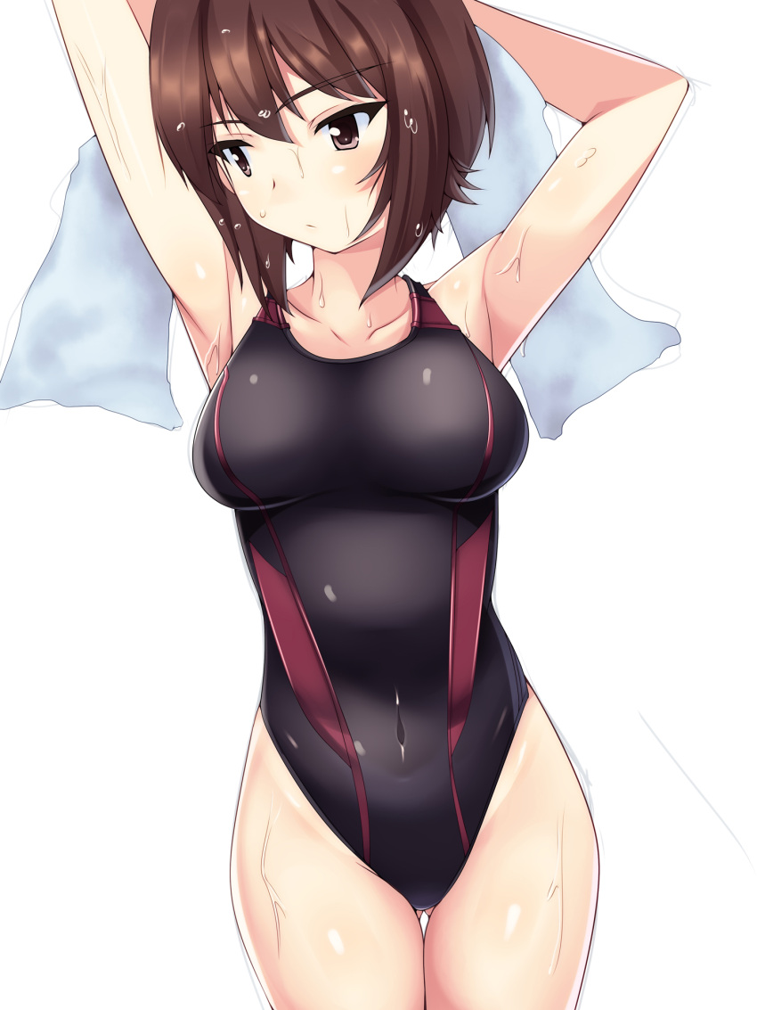 1girl brown_eyes brown_hair competition_swimsuit girls_und_panzer highres nishizumi_maho nksk one-piece_swimsuit short_hair swimsuit towel wet