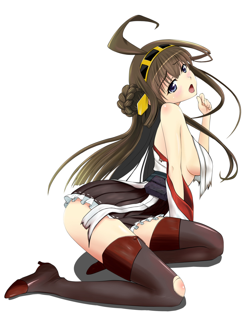 1girl absurdres ahoge arm_support bare_shoulders blue_eyes blush boots breasts brown_hair brown_legwear detached_sleeves double_bun head_tilt headgear highres kantai_collection kongou_(kantai_collection) large_breasts long_hair looking_at_viewer looking_to_the_side nontraditional_miko open_mouth shadow sideboob simple_background sitting solo tachibana_rin thigh-highs thigh_boots torn_clothes torn_thighhighs very_long_hair white_background yokozuwari