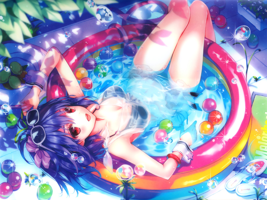 1girl absurdres bikini black_lemon-chan blue_hair bracelet highres huge_filesize jewelry kuroya_shinobu lying melonbooks on_back partially_submerged pool red_eyes sandals shoes_removed short_hair smile solo sunglasses sunglasses_on_head swimsuit thighs wading_pool water water_drop