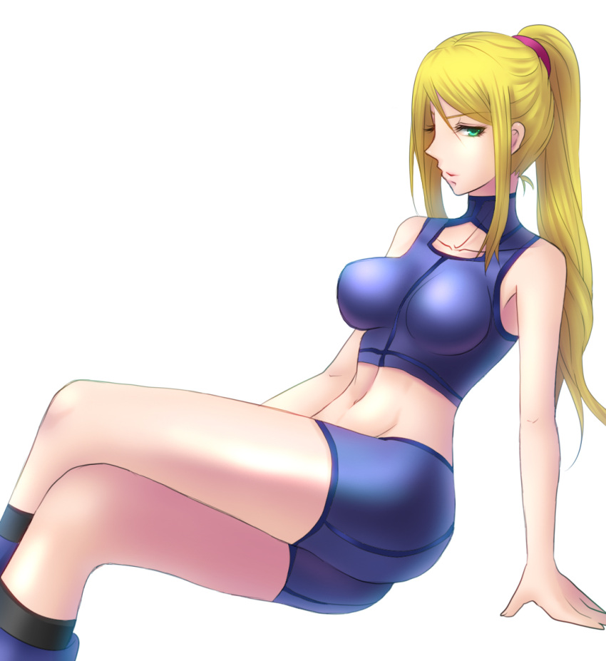 1girl arm_support bare_shoulders blonde_hair boots breasts collarbone crop_top crossed_legs green_eyes highres invisible_chair kuroma_(atapi) large_breasts lips long_hair metroid midriff navel samus_aran shorts sitting solo super_smash_bros.
