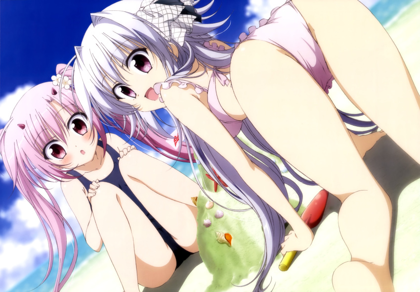 2girls absurdres ass beach bikini blush character_request clouds copyright_request highres legs multiple_girls nyantype official_art pink_eyes pink_hair red_eyes school_swimsuit silver_hair sky swimsuit