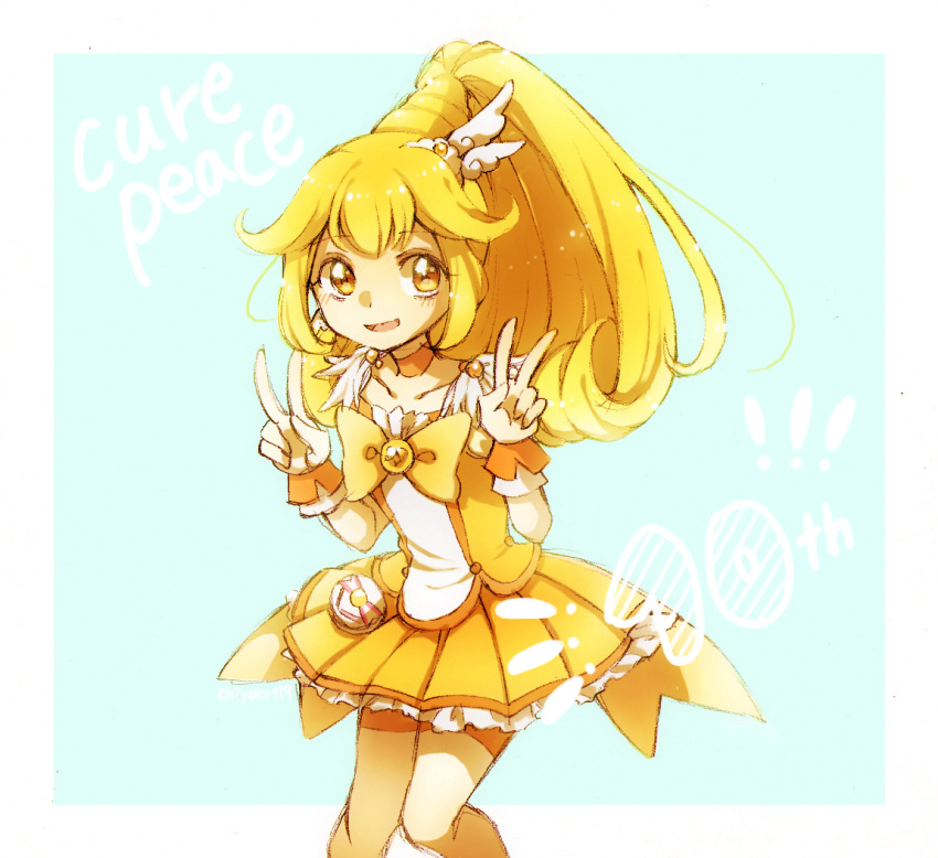 1girl bike_shorts blonde_hair blush bow brooch character_name chiyoko_(molto) choker cure_peace double_v flipped_hair high_ponytail jewelry kise_yayoi long_hair magical_girl open_mouth precure shorts_under_skirt skirt smile smile_precure! solo v wrist_cuffs yellow_eyes yellow_skirt
