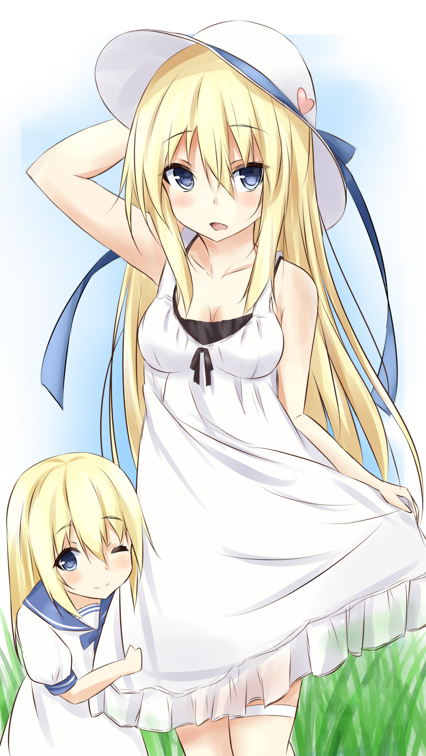 1girl 2girls absurdres alternate_costume arm_up bismarck_(kantai_collection) blonde_hair blue_eyes dress grass hat highres if_they_mated kantai_collection long_hair mother_and_daughter multiple_girls one_eye_closed sailor_dress saku_(kudrove) smile sun_hat sundress thigh_strap white_dress