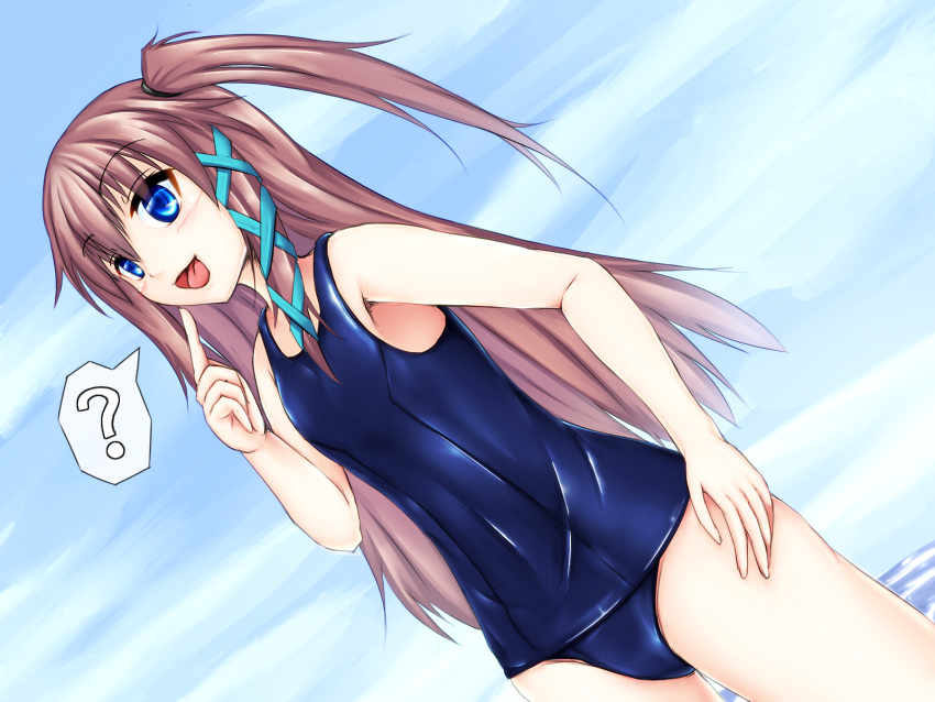 1girl blue_eyes fingers highres original question_mark school_swimsuit shiny shiny_clothes spe_(a-spex) swimsuit tagme tongue tongue_out