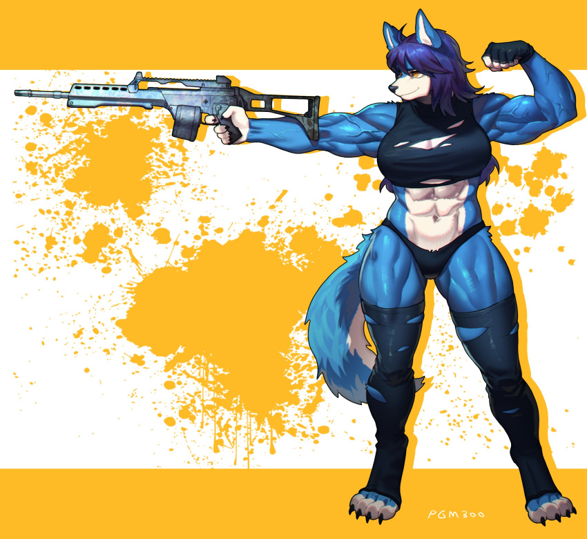 1girl abs ahoge animal_ears animal_feet artist_name assault_rifle blue_fur blue_hair breasts commission fingerless_gloves flexing full_body fur furry furry_female gloves gun h&amp;k_g36 hair_between_eyes highres holding holding_gun holding_weapon large_breasts medium_hair muscular muscular_female navel original pgm300 pose rifle simple_background single_glove snout solo standing tail thick_thighs thigh-highs thighs toeless_legwear torn_clothes two-tone_background veins watermark weapon white_background wolf_ears wolf_girl wolf_tail yellow_background yellow_eyes