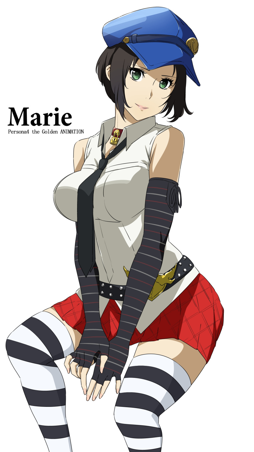 1girl absurdres black_hair blue_eyes breasts cabbie_hat character_name choker copyright_name elbow_gloves fingerless_gloves gloves green_eyes hat highres lock looking_at_viewer marie_(persona_4) necktie persona persona_4 persona_4_the_golden short_hair sitting skirt sleeveless solo striped striped_gloves striped_legwear tonotyama white_background