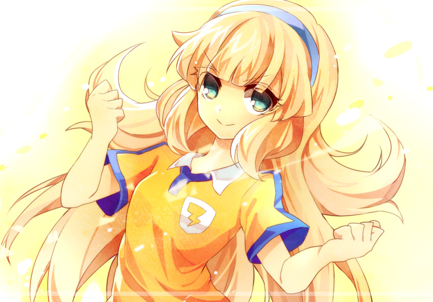 1girl aqua_eyes blonde_hair bust hairband inazuma_eleven_(series) inazuma_eleven_go inazuma_eleven_go_chrono_stone lightning_bolt long_hair looking_at_viewer nanobana_kinako nanobana_kinako_(mixi_max_master_dragon) raimon raimon_soccer_uniform smile soccer_uniform solo sportswear yuui1994