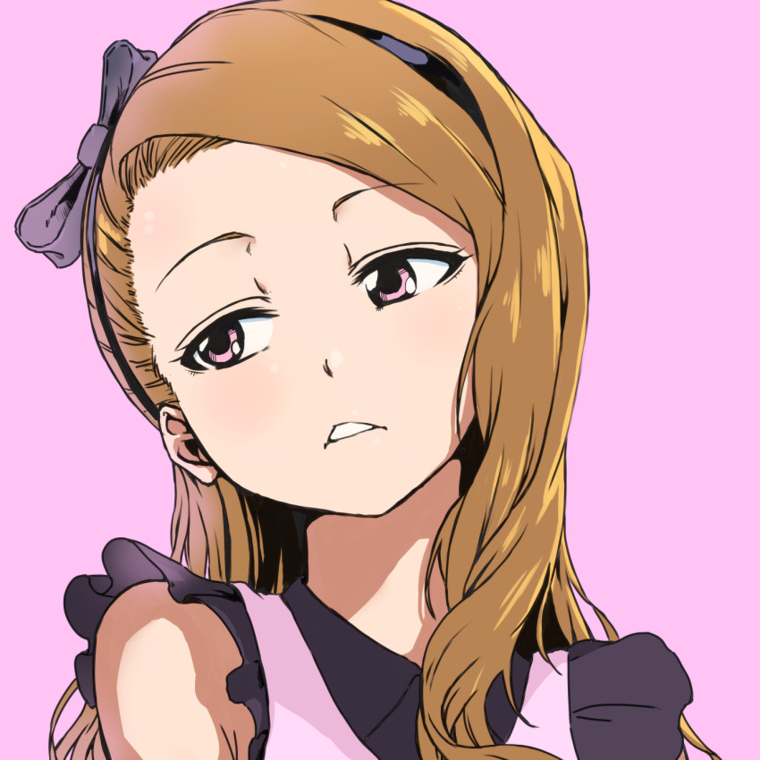 1girl bare_shoulders biten brown_hair close-up forehead hair_ribbon hairband highres idolmaster long_hair looking_to_the_side minase_iori parted_lips pink_eyes pink_legwear ribbon simple_background solo