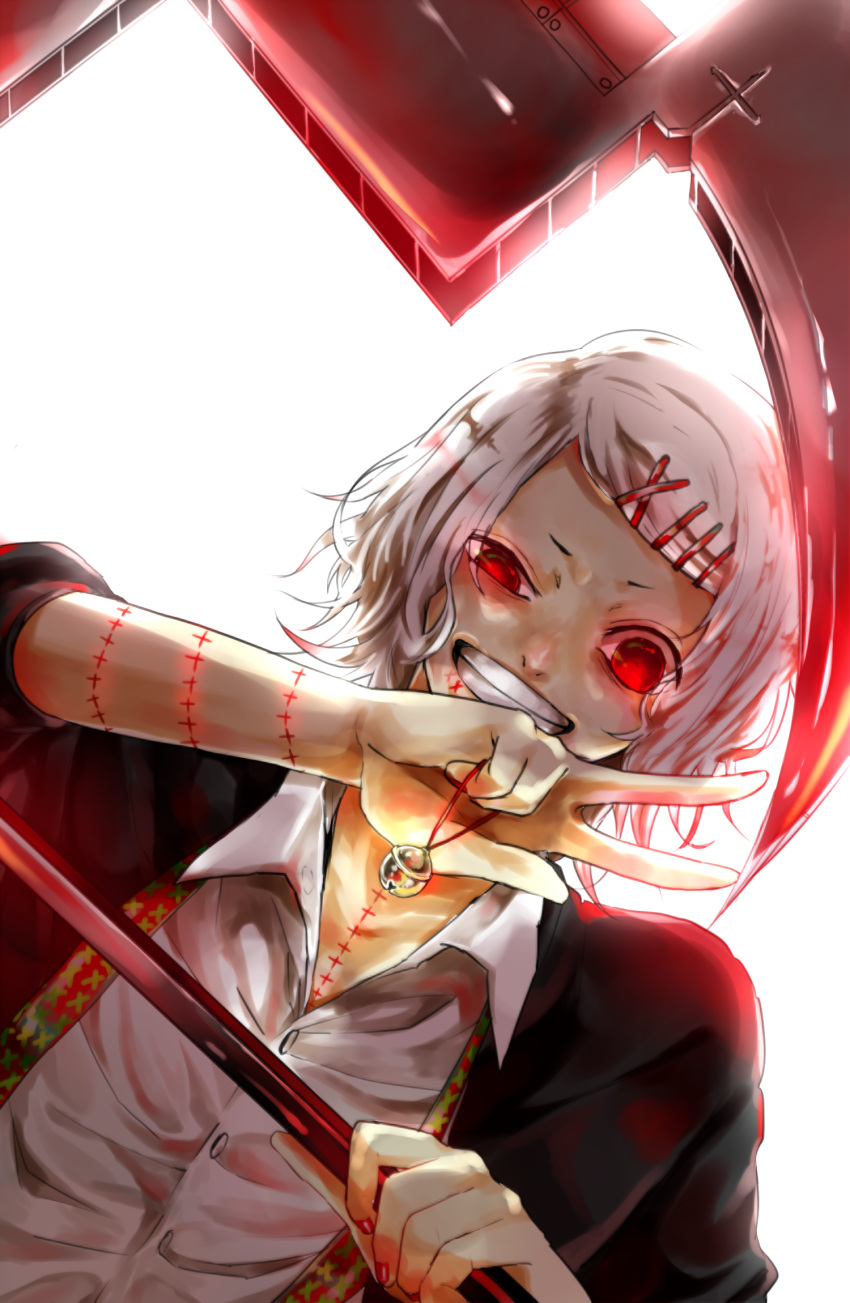 1boy bell glowing glowing_eyes hair_ornament hairclip highres loose_necktie loose_shirt necktie pafufu red_eyes scythe short_hair smile solo stitches suzuya_juzo tokyo_ghoul v weapon white_hair
