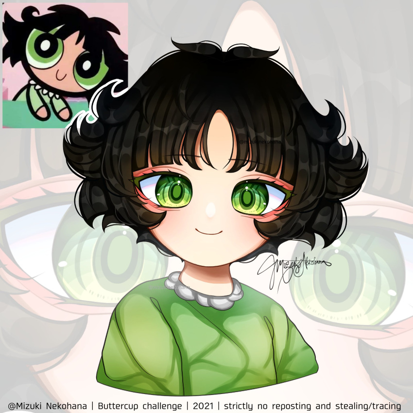 1girl artist_name bangs black_hair blush buttercup_(ppg) buttercup_redraw_challenge dated derivative_work green_eyes green_pajamas highres looking_at_viewer messy_hair mizuki_nekohana parted_bangs powerpuff_girls reference_inset screencap_redraw short_hair signature smile solo zoom_layer