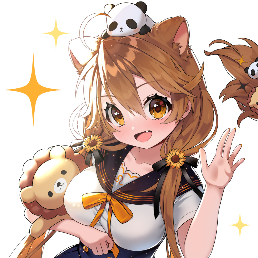 1girl :d ahoge animal_ears animal_on_head bettle_(b_s_a_n) breasts brown_hair fang hair_between_eyes hair_ornament highres large_breasts looking_at_viewer low_twintails on_head panda re:act shishigami_leona short_sleeves simple_background smile sparkle stuffed_animal stuffed_lion stuffed_toy twintails upper_body virtual_youtuber white_background