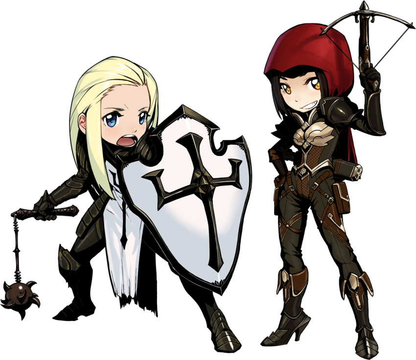 2girls :o arm_up armor black_hair blonde_hair blue_eyes bodysuit boots bow_(weapon) breastplate buckle cross crossbow crusader_(diablo_3) demon_hunter diablo diablo_3 eriance fantasy faulds fighting_stance fishnets flail gauntlets gloves greaves grin hand_on_hip harness high_heel_boots high_heels holding hood long_hair looking_afar looking_at_viewer multiple_girls open_mouth orange_eyes pauldrons payot pouch sheath sheathed shield short_hair shouting simple_background smile standing tabard thigh_pouch vambraces weapon white_background wide_stance