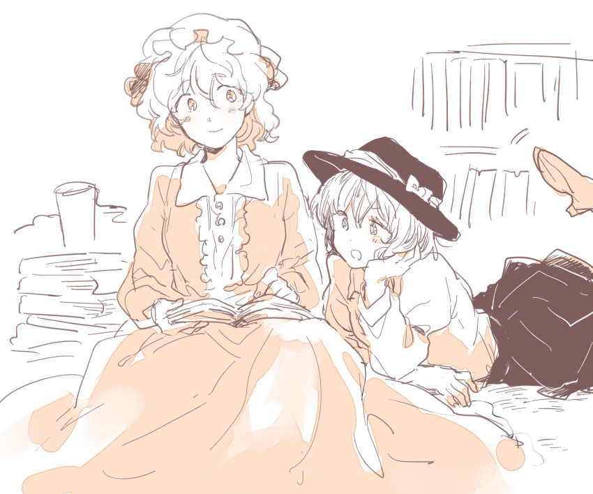 2girls alternate_hair_length alternate_hairstyle book chin_rest dress dress_shirt hat highres lying maribel_hearn meeko monochrome multiple_girls on_stomach shirt short_hair simple_background sitting sketch skirt smile touhou usami_renko wavy_hair white_background