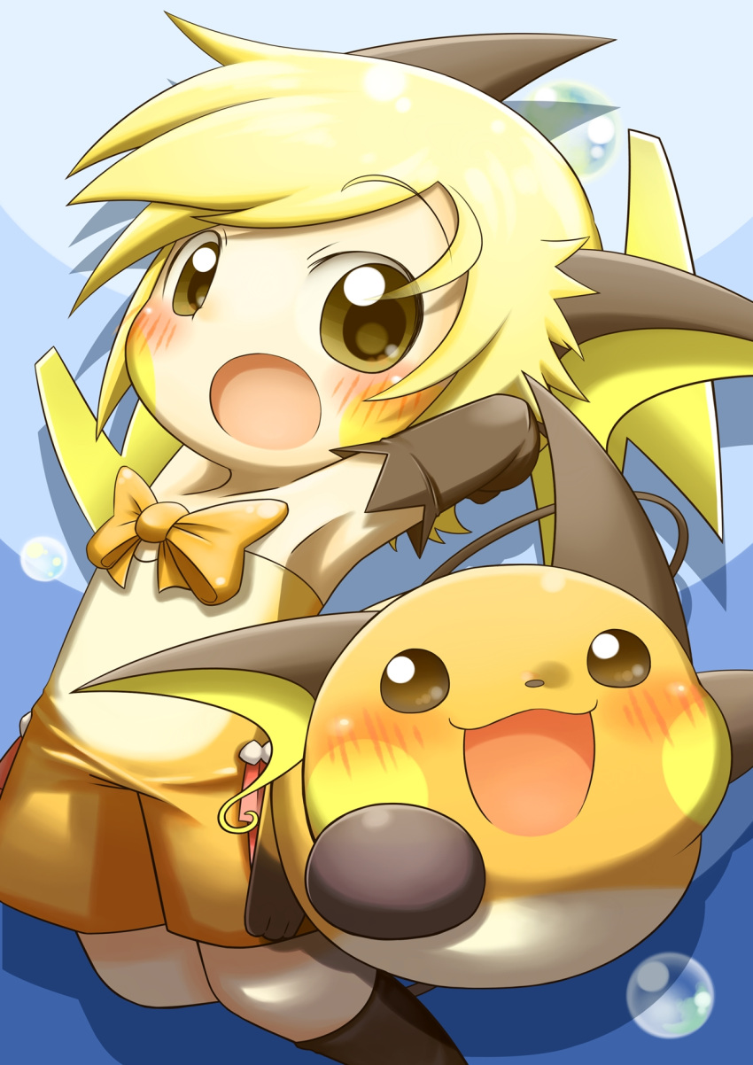1girl :o arms_behind_head arms_up black_gloves blonde_hair blush bow bubble cafe_(chuu_no_ouchi) collarbone elbow_gloves flat_chest gloves highres looking_at_another open_mouth orange_bow overalls personification pokemon pokemon_(creature) pokemon_(game) raichu solo tail yellow_eyes