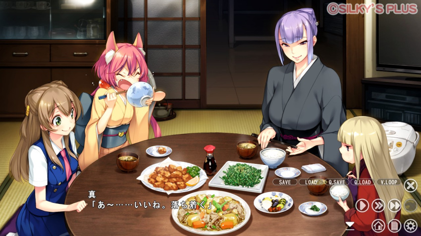 4girls age_difference animal_ears aoi_(nanairo_reincarnation) bangs blonde_hair blunt_bangs bow breasts brown_hair buttons cat_ears character_name cheek_bulge child chopsticks closed_eyes dress eating fang food game_cg green_eyes hair_bun hair_ornament hairclip hairpin holding indoors iris_(nanairo_reincarnation) iyo_(nanairo_reincarnation) japanese_clothes jar kikyou_(nanairo_reincarnation) kimono light_smile lipstick long_hair long_sleeves low_twintails makeup multiple_girls nanairo_reincarnation necktie obi open_door open_mouth payot plate pleated_dress purple_hair ribbon rice rice_cooker sash school_uniform seiza short_hair short_sleeves shouji sitting sliding_doors smile sumeragi_kohaku table takigawa_kotori tatami teapot television tile_floor tiles translation_request transparent tray twintails two_side_up violet_eyes watermark