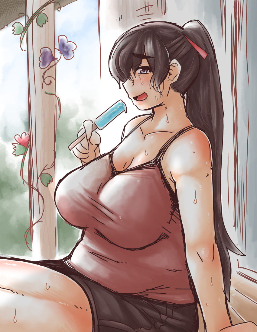 1girl :d blue_eyes breasts brown_hair camisole collarbone eyebrows fat highres huge_breasts long_hair open_mouth original ponytail popsicle sitting skirt smile solo sweat thick_eyebrows thick_thighs thighs tobatoinu very_long_hair