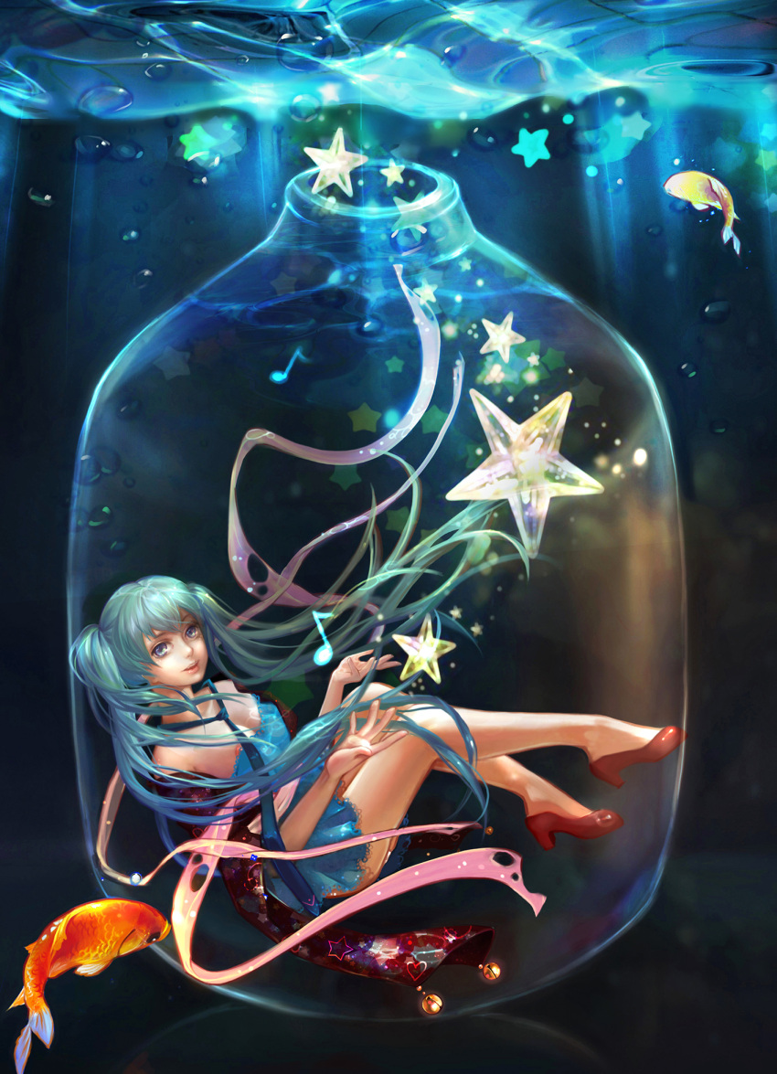 1girl 2966441886 aqua_eyes aqua_hair bell bottle dress fish hatsune_miku highres in_bottle in_container jingle_bell lips long_hair minigirl musical_note necktie solo star twintails underwater very_long_hair vocaloid