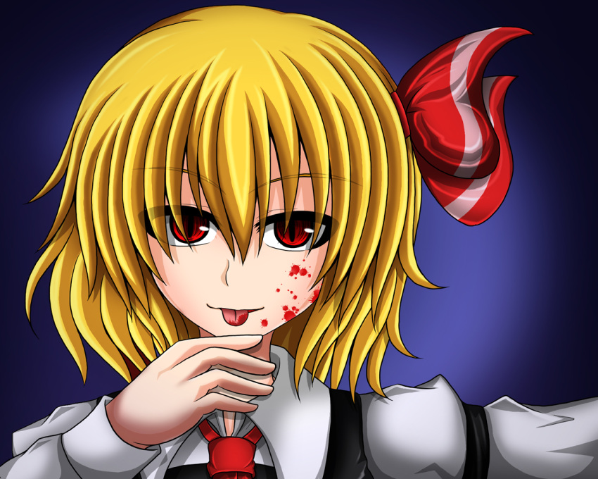 1girl :p blonde_hair blood blood_on_face blouse hair_ribbon outstretched_arm red_eyes ribbon rumia short_hair suikyou_(aqua_cities) tongue tongue_out touhou vest