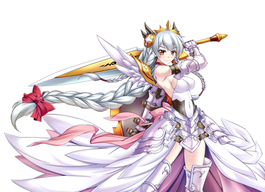 1girl armor armored_boots armored_dress bare_shoulders black_gloves blush boots bow braid breasts covered_navel dress elbow_gloves feathered_wings gauntlets gloves hair_bow hair_ornament highres holding_sword holding_weapon impossible_clothes impossible_dress long_hair looking_at_viewer merufena orange_eyes puzzle_&amp;_dragons red_bow shield sideboob silver_hair simple_background single_braid sleeveless sleeveless_dress smile solo spikes sword thigh-highs thigh_boots tiara twin_braids valkyrie valkyrie_(p&amp;d) very_long_hair weapon white_background white_dress wings