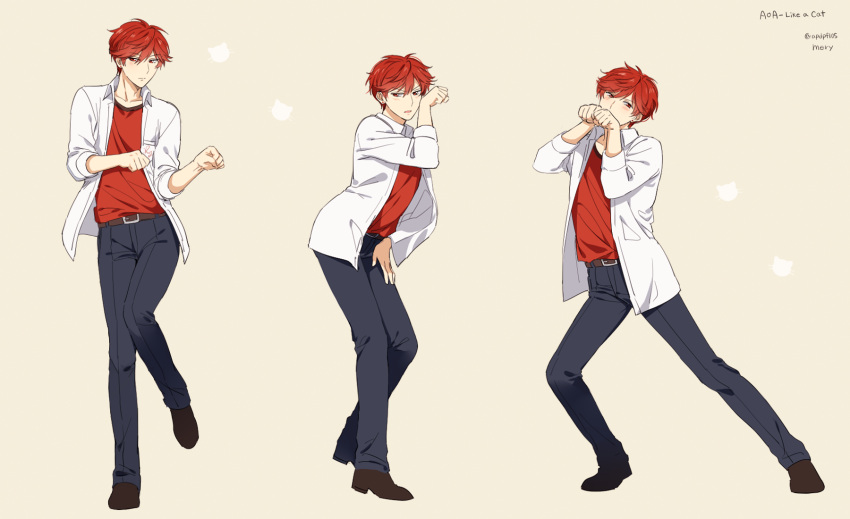 1boy apfl0515 arched_back artist_name blush cat_print clenched_hands earrings english gekkan_shoujo_nozaki-kun grey_background hand_on_own_thigh highres jewelry looking_at_viewer mikoshiba_mikoto open_clothes open_mouth open_shirt paw_pose pose red_eyes redhead school_uniform short_hair simple_background solo standing standing_on_one_leg twitter_username variations