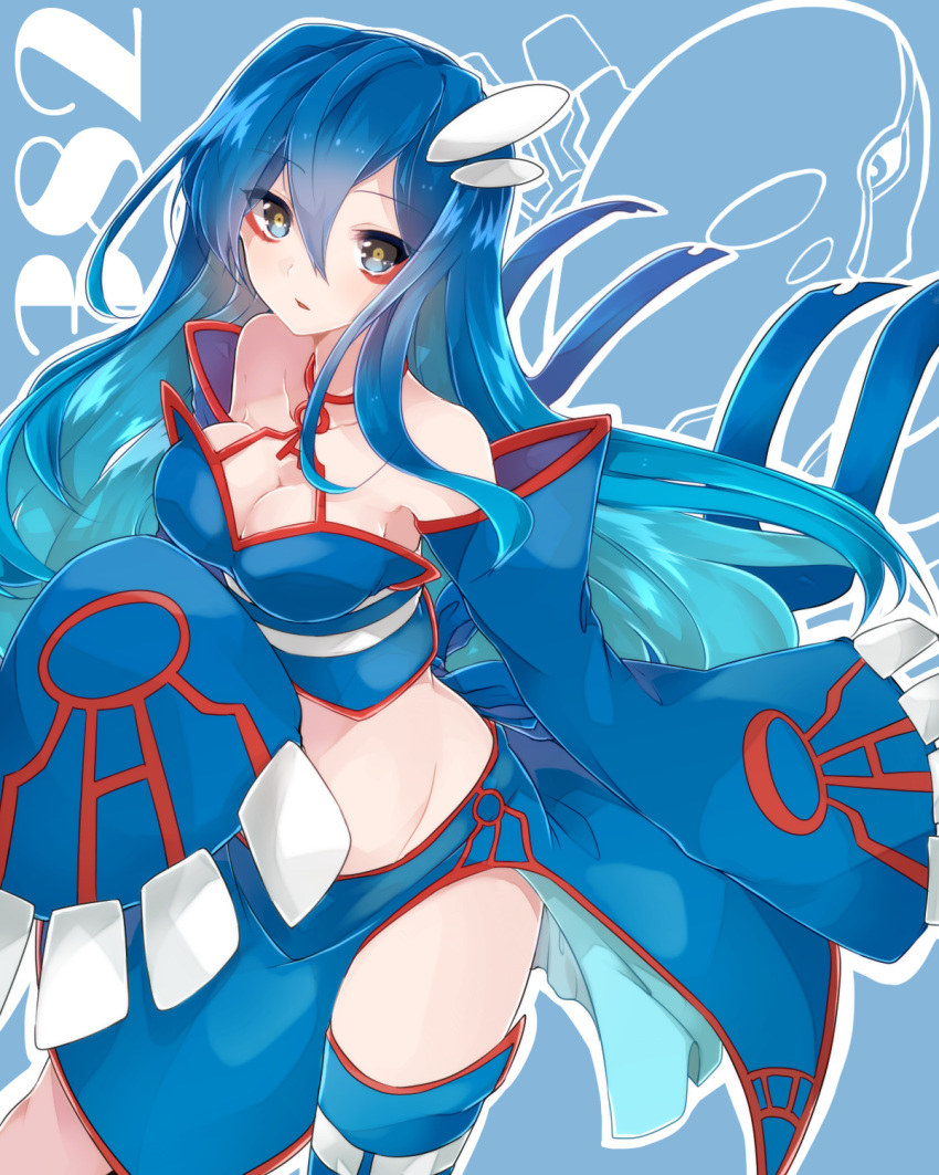 1girl bare_shoulders blue_eyes breasts detached_sleeves eyeliner highres kyogre long_hair looking_at_viewer makeup personification pokemon solo takeshima_(nia)