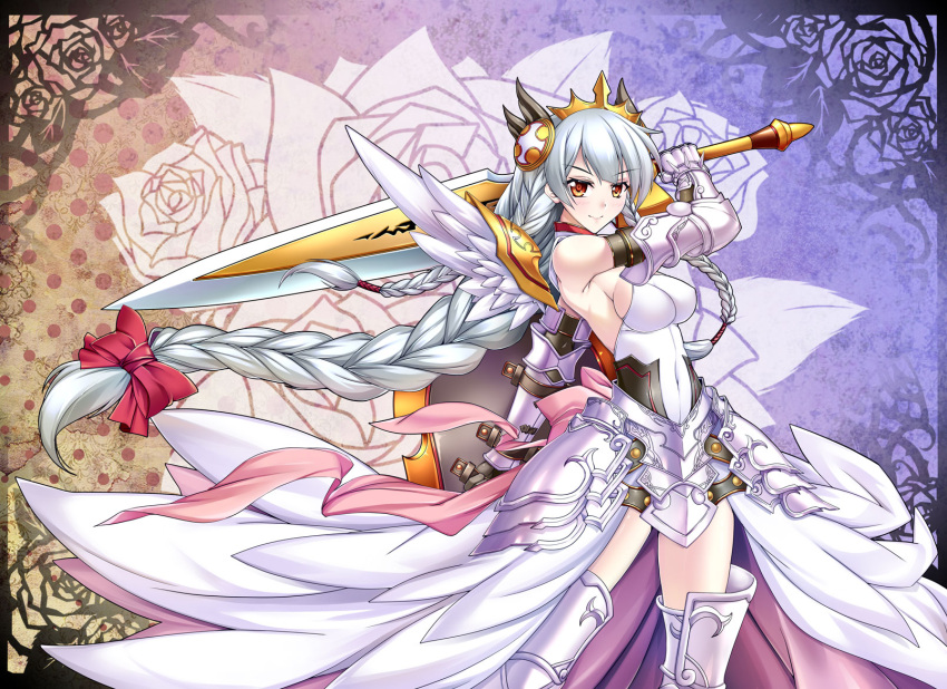 1girl armor armored_boots armored_dress bare_shoulders black_gloves blush boots bow braid breasts covered_navel dress elbow_gloves feathered_wings floral_background flower gauntlets gloves hair_bow hair_ornament highres holding_sword holding_weapon impossible_clothes impossible_dress long_hair looking_at_viewer merufena orange_eyes puzzle_&amp;_dragons red_bow rose shield sideboob silver_hair single_braid sleeveless sleeveless_dress smile solo spikes sword thigh-highs thigh_boots tiara twin_braids valkyrie valkyrie_(p&amp;d) very_long_hair weapon white_dress wings
