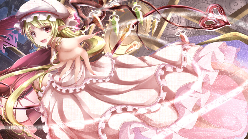 1girl :d alternate_costume alternate_hair_length alternate_hairstyle asymmetrical_wings blonde_hair clockwork dress flandre_scarlet frilled_dress frills koroneko_p0w0q laevatein long_dress long_hair looking_at_viewer mob_cap open_mouth outstretched_arms pink_dress pointy_ears red_eyes smile solo touhou wings