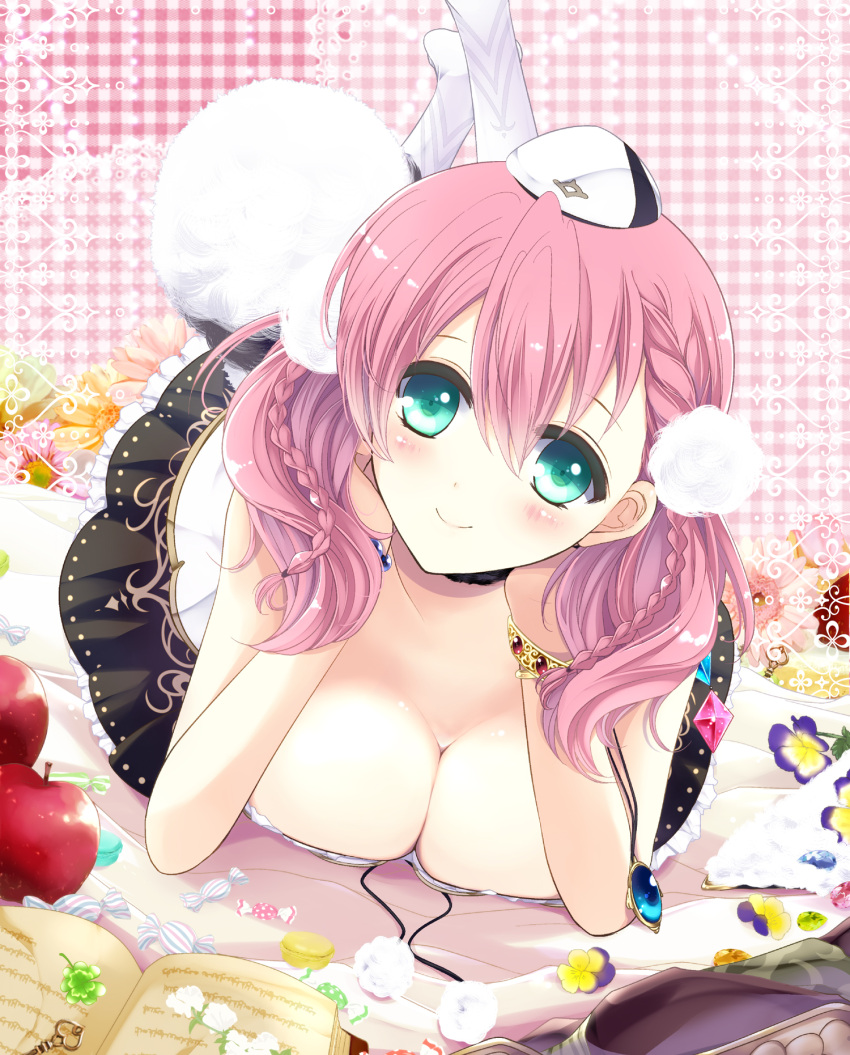 1girl amiko_(frostedchocolate) apple atelier_(series) atelier_escha_&amp;_logy black_skirt book braid breasts cleavage escha_malier food fruit green_eyes hat highres lying pink_hair pom_pom_(clothes) short_hair short_twintails skirt smile solo twintails